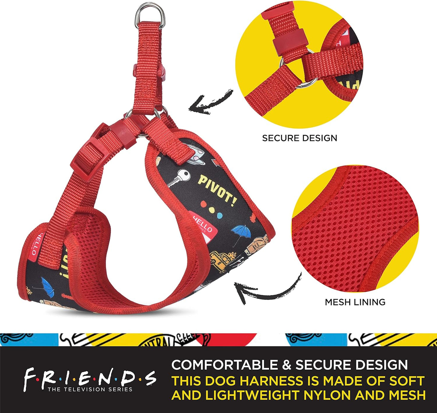 Friends TV Show Iconic Graphics Dog Harness for Small Dogs (S) | Black No-Pull Harness with D-Ring | Machine Washable Friends Merch