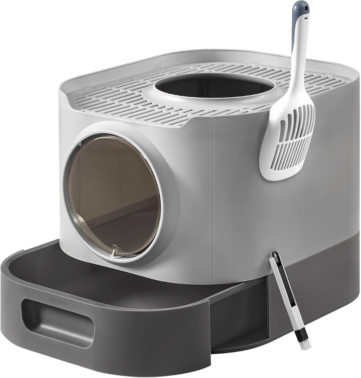 Cat Litter Box with Lid, XL Enclosed Litter Box with Slide-Out Tray, Scoop, Brus