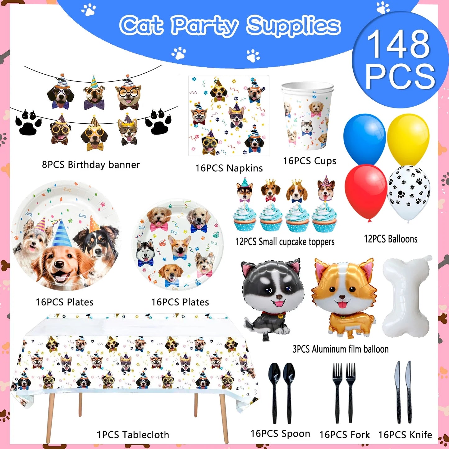 Puppy Dog Birthday Party Supplies,148Pcs Dog Party Decorations & Dog Birthday Party Tableware Set- Dog Birthday Banner,Puppy Balloons&Puppy Party Plates Cups Table Cloth