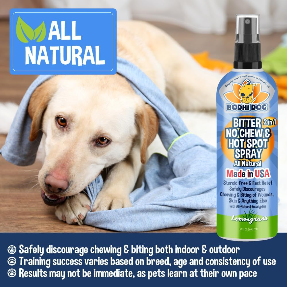 Bitter 2-In-1 No Chew & Hot Spot Spray - Natural Anti-Chew Remedy Better than Bitter Apple - Soothes Hot Spots, Deters Chewing - Safe for Skin, Wounds & Furniture- Made in USA (8 Fl Oz)