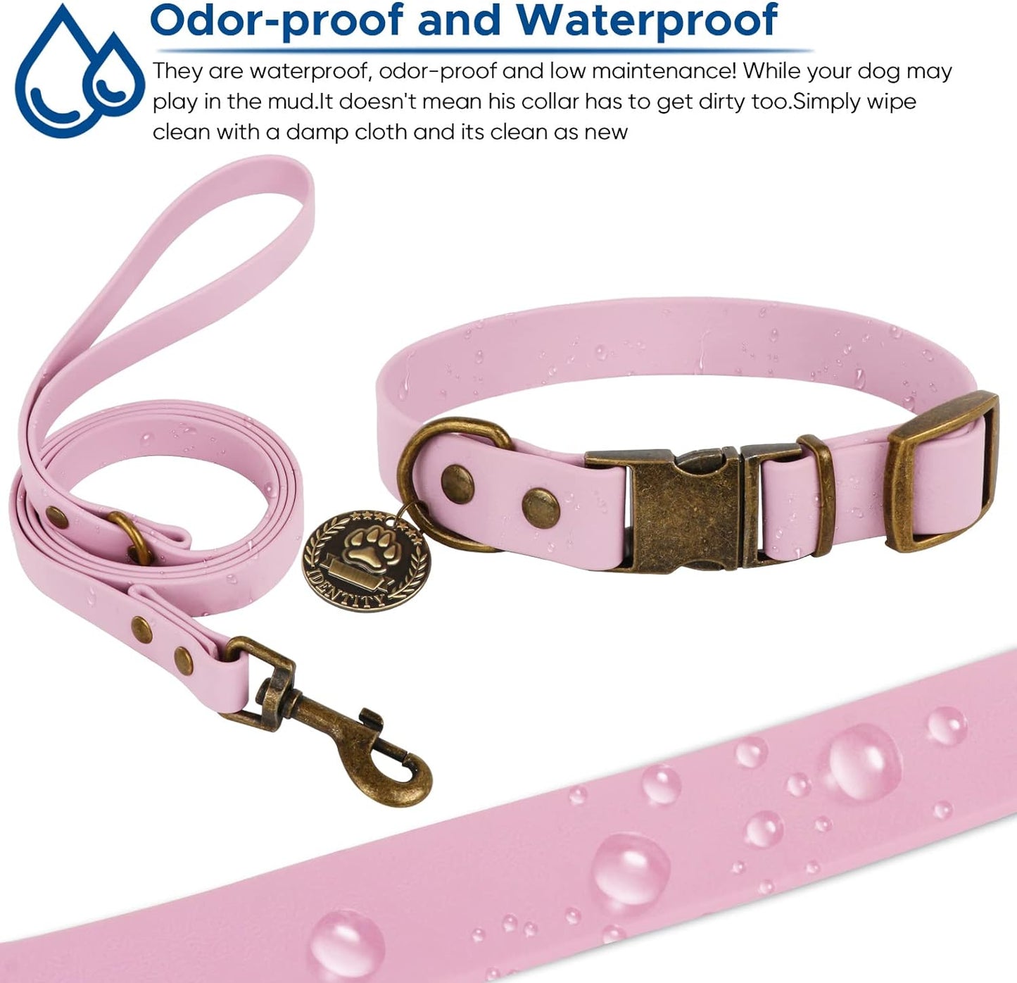 Dog Collar and Leash Set, Waterproof Adjustable Puppy Collars with Cute Tag 6FT Dog Leash with Poop Bag for Small Medium Large Dogs (M, Pale Pinkish Purple)