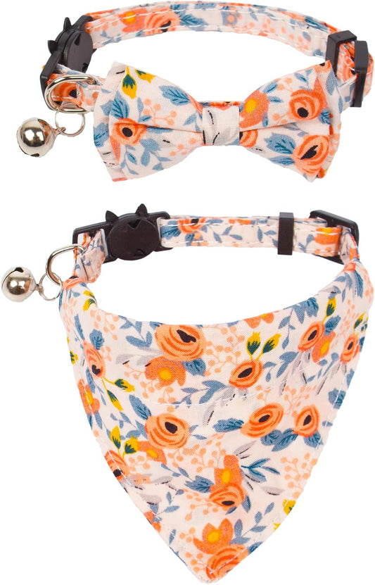 Floral Cat Collar with Bow Bandana, Removable Kitten Bowtie Scarf, Cute Flower Bow Bandana Collar for Cats Kittens