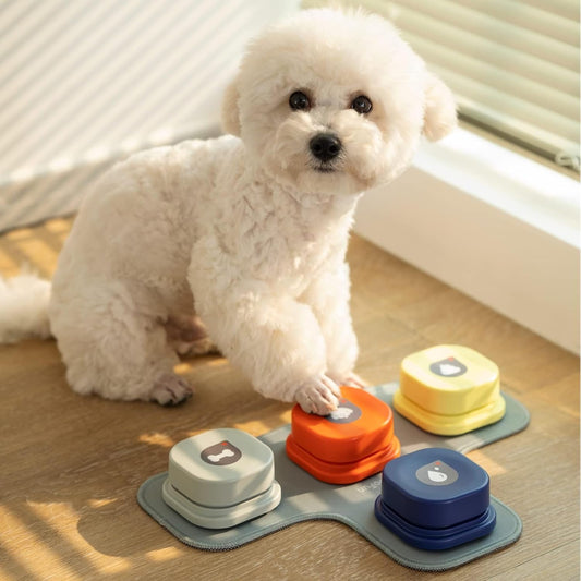 Dog Buttons for Communication Starter Pack Recordable Dog Talking Buttons Set Dog Training Speaking Buttons Dog Clicker with Mat & Stickers (4 Packs-Rubber Mat)