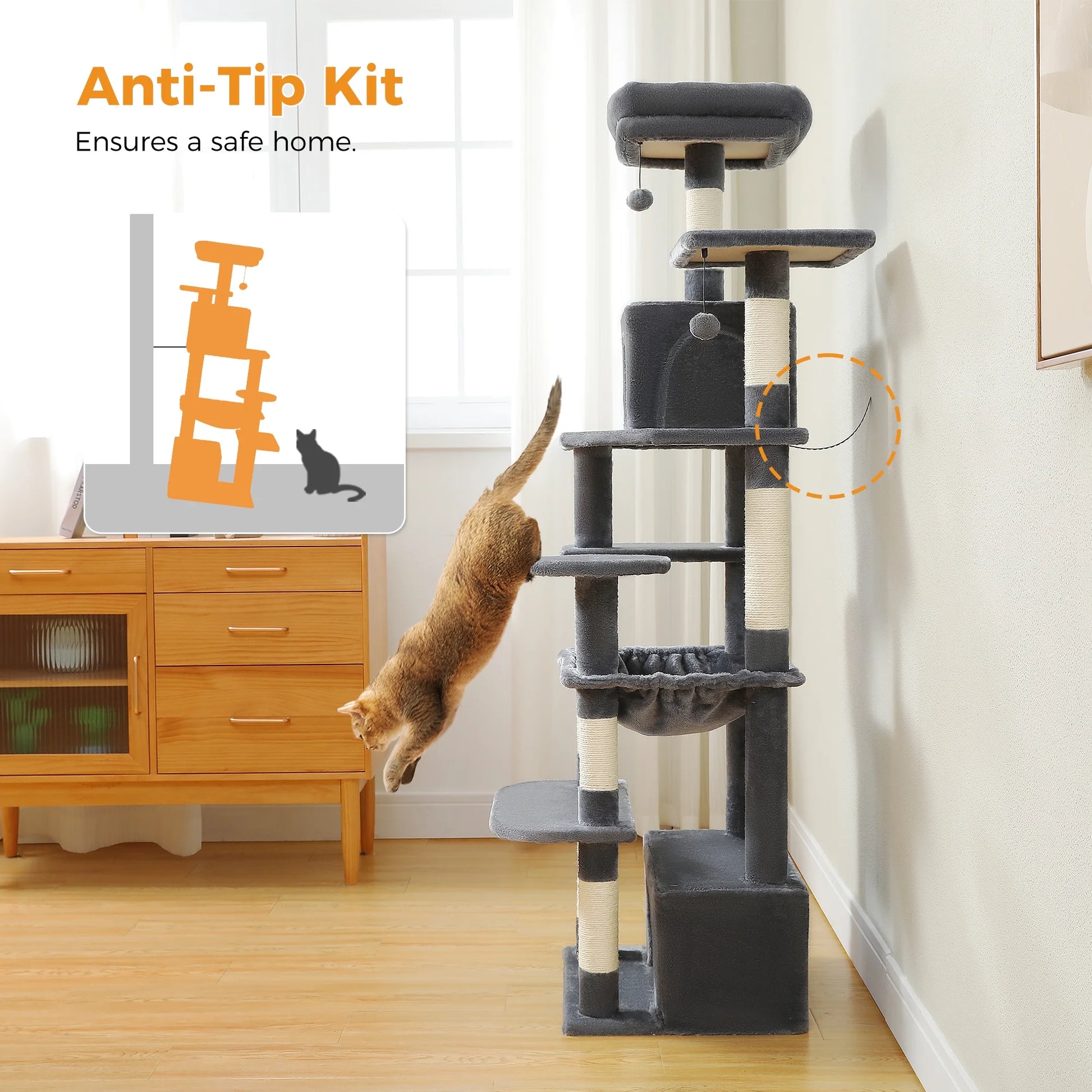 Cat Tree 64" Sisal Scratching Posts Tower with Large Perch Hammock for All Indoor Cats,Dark Gray