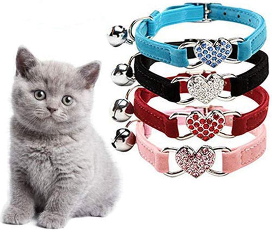 Cat Collar with Safety Belt and Bell Heart Bling 8-11 Inches (Black+Red+Pink+Blue)