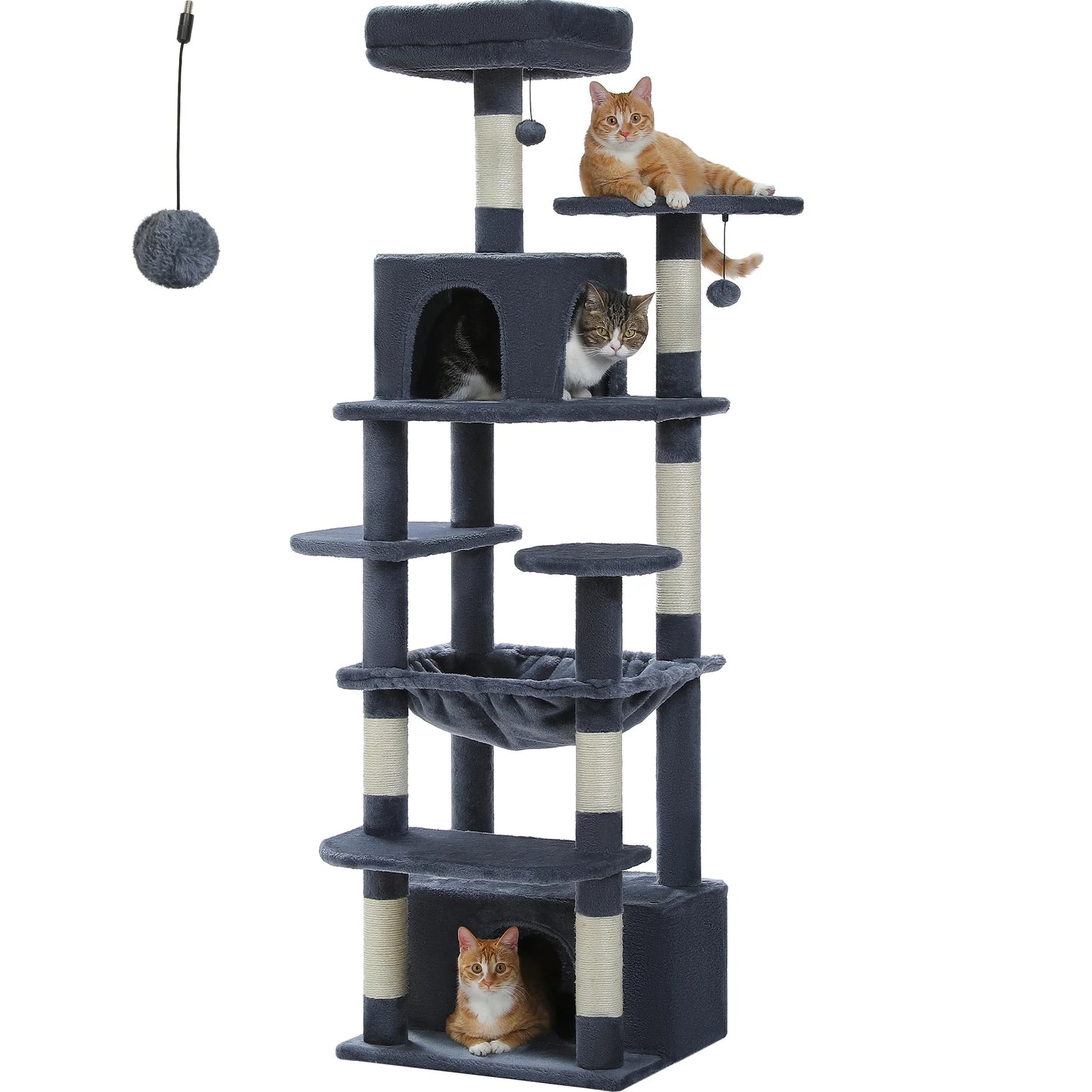 Cat Tree 64" Sisal Scratching Posts Tower with Large Perch Hammock for All Indoor Cats,Dark Gray