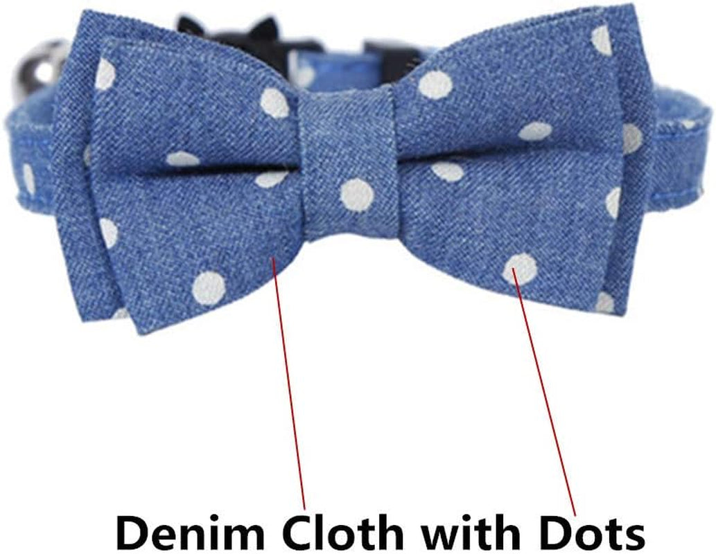 Cat Collar Breakaway with Bell and Bow Tie Safety Buckle with Name Tag Denim Dots Adjustable 7-11 Inches for Kitten Cats(Denim Dots)