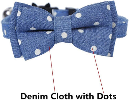 Cat Collar Breakaway with Bell and Bow Tie Safety Buckle with Name Tag Denim Dots Adjustable 7-11 Inches for Kitten Cats(Denim Dots)
