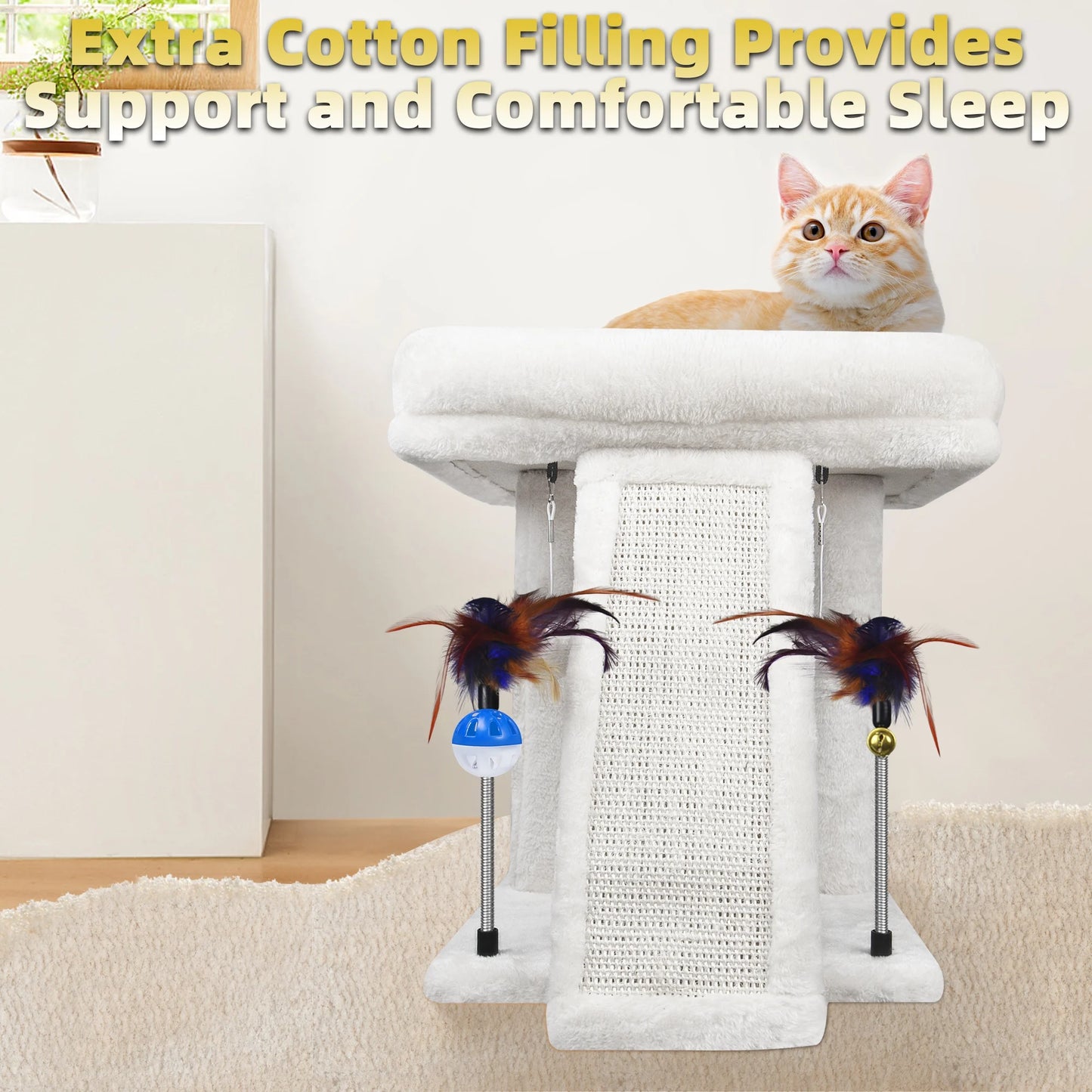 1-Level 17.7 in Cat Tree with Condo, Scratch Pad, Hammock & Hanging Ball, Beige