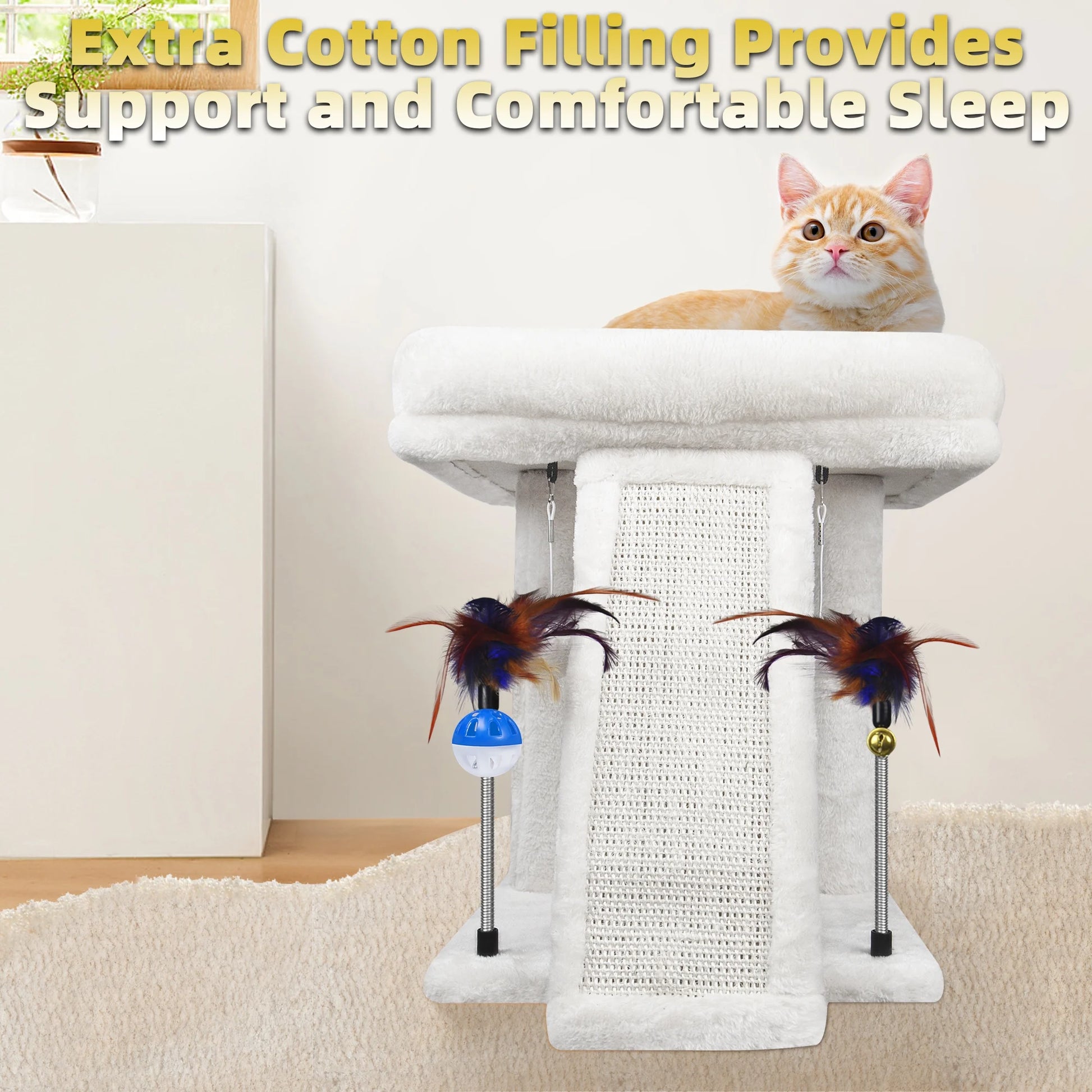 1-Level 17.7 in Cat Tree with Condo, Scratch Pad, Hammock & Hanging Ball, Beige