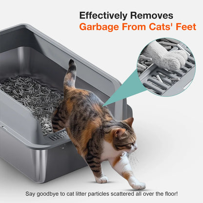 XL Stainless Steel Cat Litter Box for Multiple Cats, MS-60 Metal Cat Litter Box with Scoop & Mat, Khaki