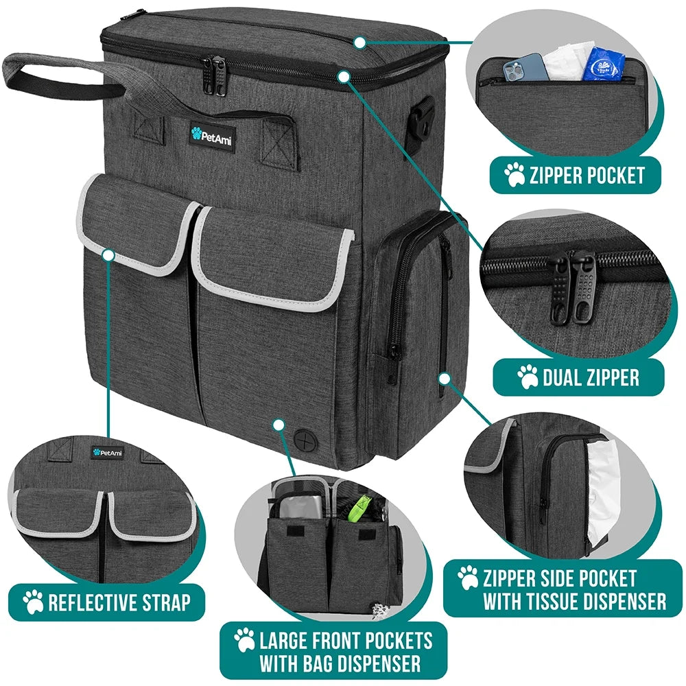 Dog Travel Bag Pet Supplies Accessories Organizer for Traveling, Camping, Weekend; Cat Pet Travel Bag Kit Includes 2 Food Storage Containers, 2 Collapsible Bowls, 1 Feeding Mat (Dark Gray)
