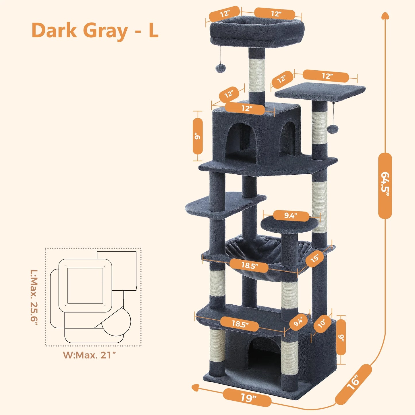 Cat Tree 64" Sisal Scratching Posts Tower with Large Perch Hammock for All Indoor Cats,Dark Gray