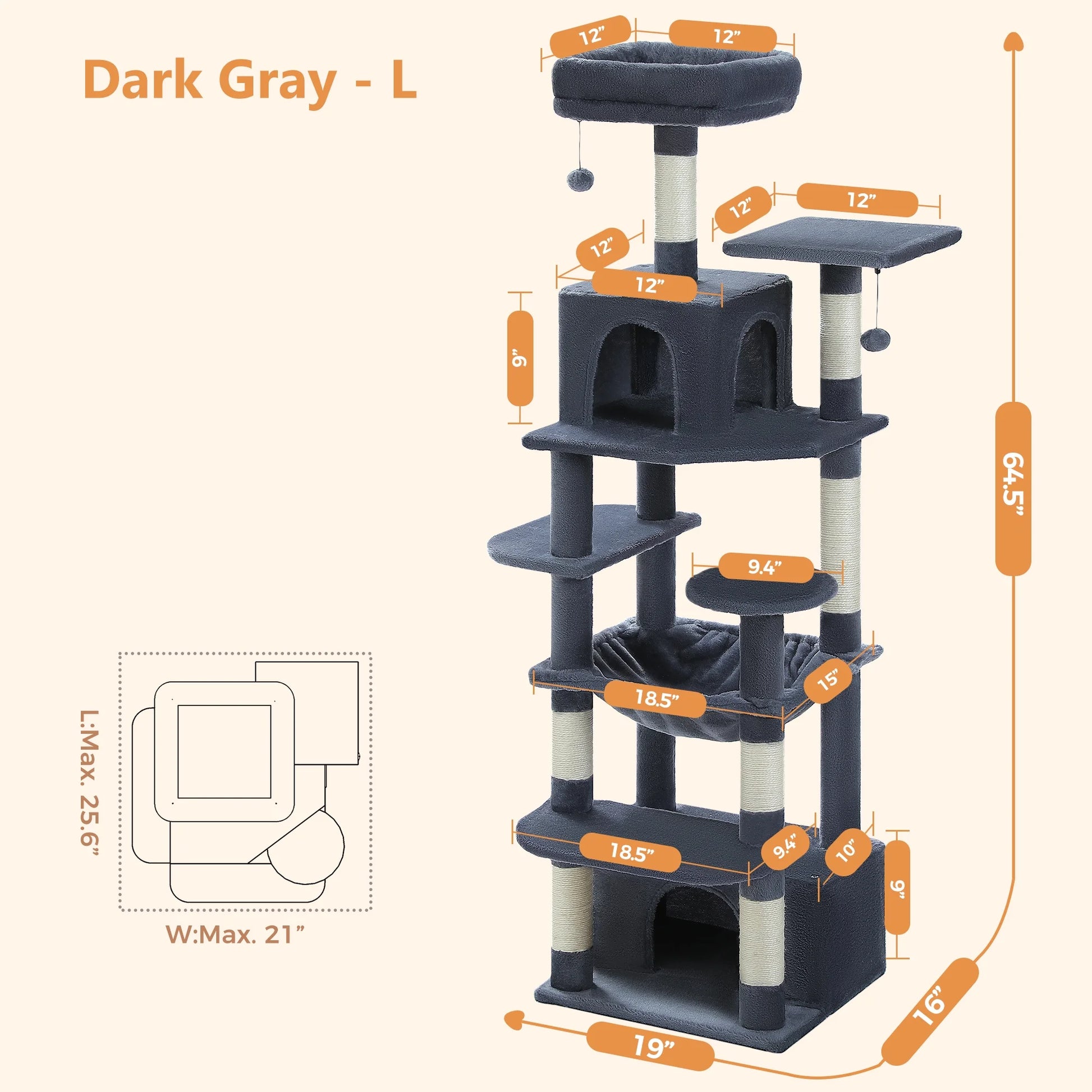 Cat Tree 64" Sisal Scratching Posts Tower with Large Perch Hammock for All Indoor Cats,Dark Gray