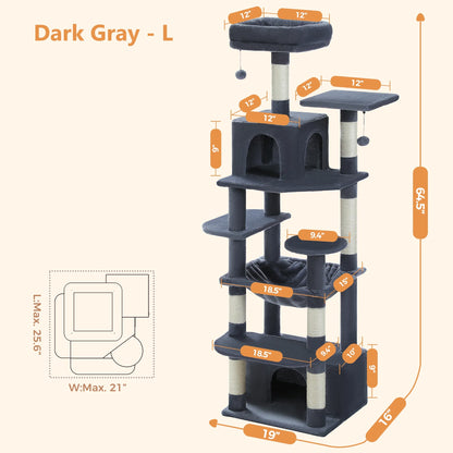 Cat Tree 64" Sisal Scratching Posts Tower with Large Perch Hammock for All Indoor Cats,Dark Gray