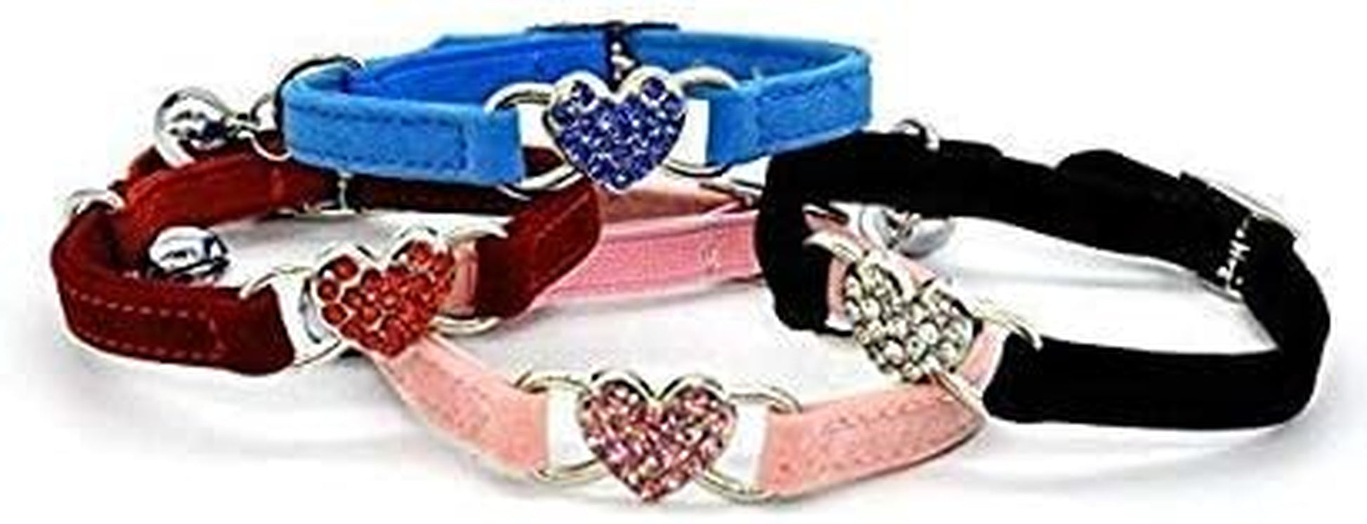 Cat Collar with Safety Belt and Bell Heart Bling 8-11 Inches (Black+Red+Pink+Blue)