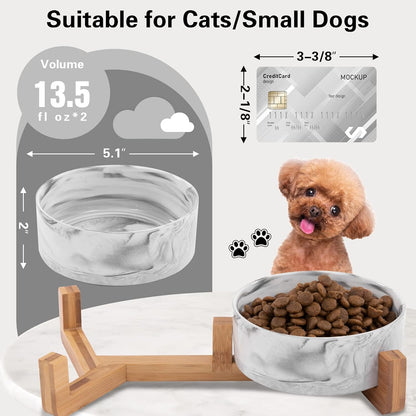 Marbling Cat Bowls, Puppy Ceramic Food and Water Bowls Set, 1 3/4 Cups X 2, Indoors Black Pet Bowls with Wood Stand