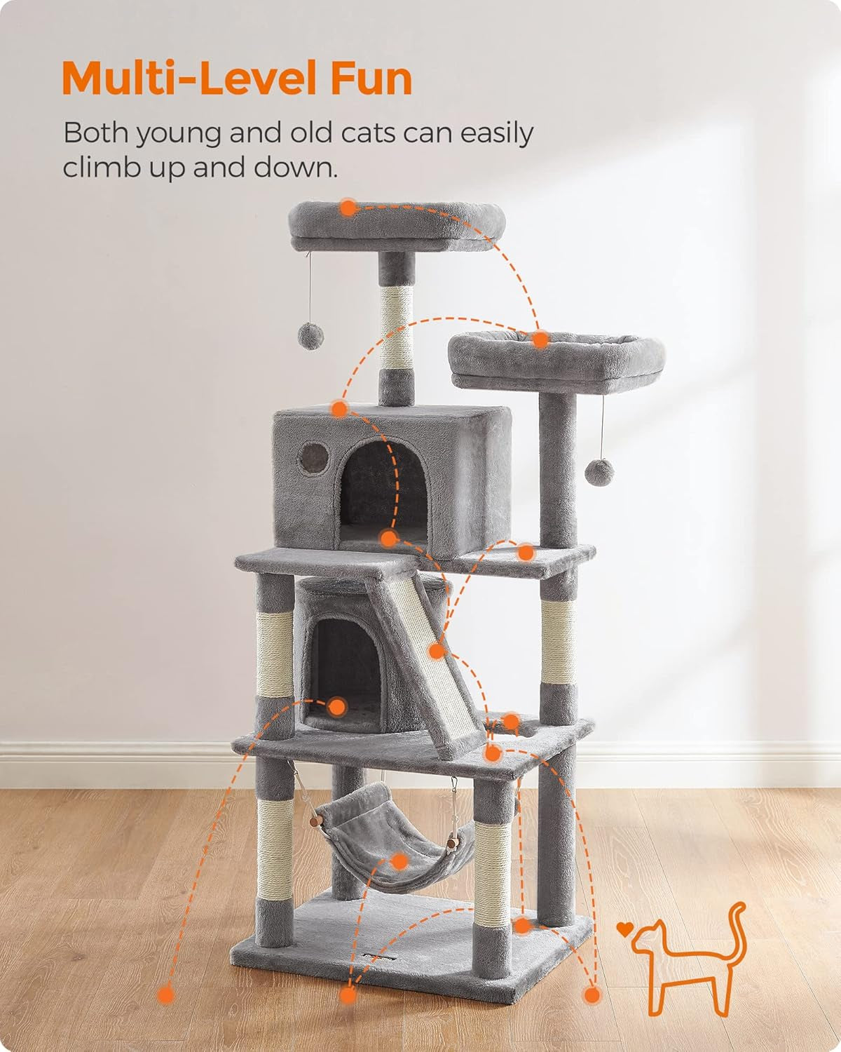Cat Tree, Cat Tower with 2 Cat Caves, Hammock, 61 Inches, Cat Activity Center with Scratching Posts and Board, Light Gray UPCT163W01