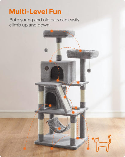 Cat Tree, Cat Tower with 2 Cat Caves, Hammock, 61 Inches, Cat Activity Center with Scratching Posts and Board, Light Gray UPCT163W01