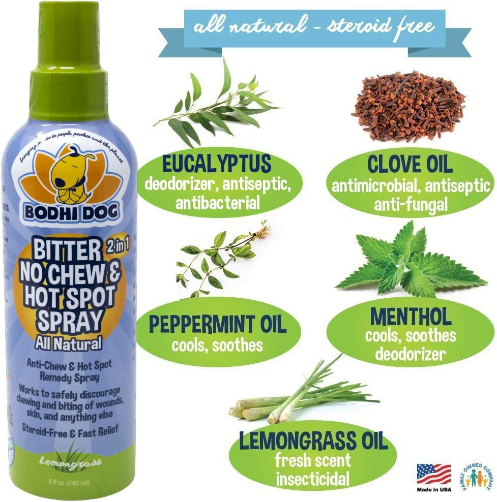 Bitter 2-In-1 No Chew & Hot Spot Spray - Natural Anti-Chew Remedy Better than Bitter Apple - Soothes Hot Spots, Deters Chewing - Safe for Skin, Wounds & Furniture- Made in USA (8 Fl Oz)