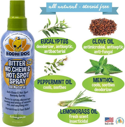 Bitter 2-In-1 No Chew & Hot Spot Spray - Natural Anti-Chew Remedy Better than Bitter Apple - Soothes Hot Spots, Deters Chewing - Safe for Skin, Wounds & Furniture- Made in USA (8 Fl Oz)