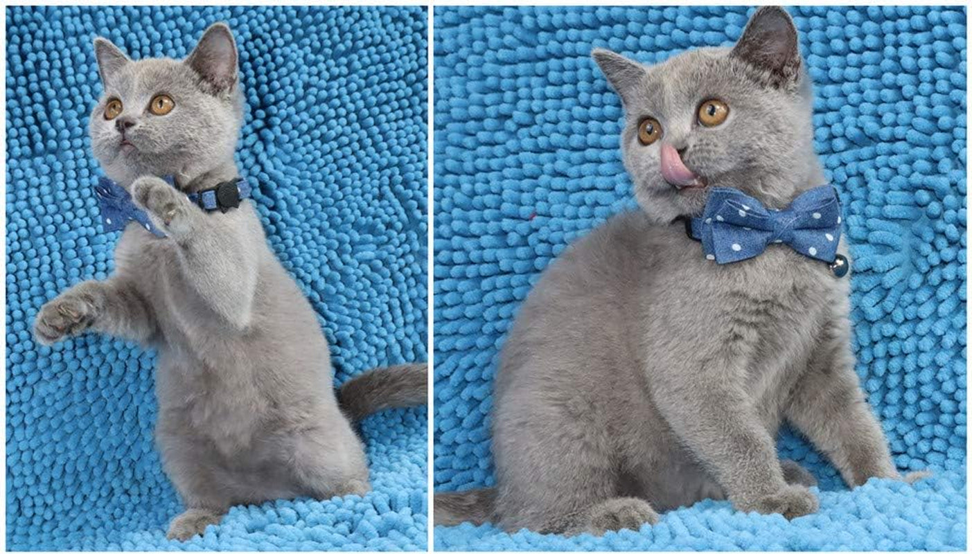 Cat Collar Breakaway with Bell and Bow Tie Safety Buckle with Name Tag Denim Dots Adjustable 7-11 Inches for Kitten Cats(Denim Dots)