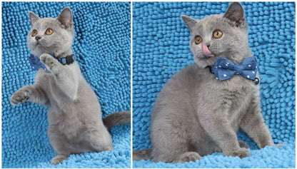 Cat Collar Breakaway with Bell and Bow Tie Safety Buckle with Name Tag Denim Dots Adjustable 7-11 Inches for Kitten Cats(Denim Dots)