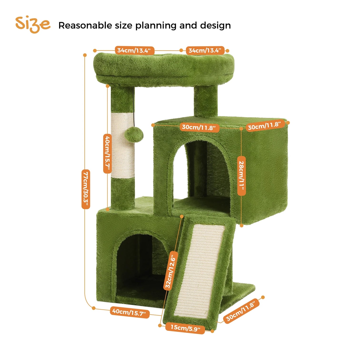 30" Cat Tree Condo with Sisal Scratcing Post Tower Ramp for Indoor Cats,Green