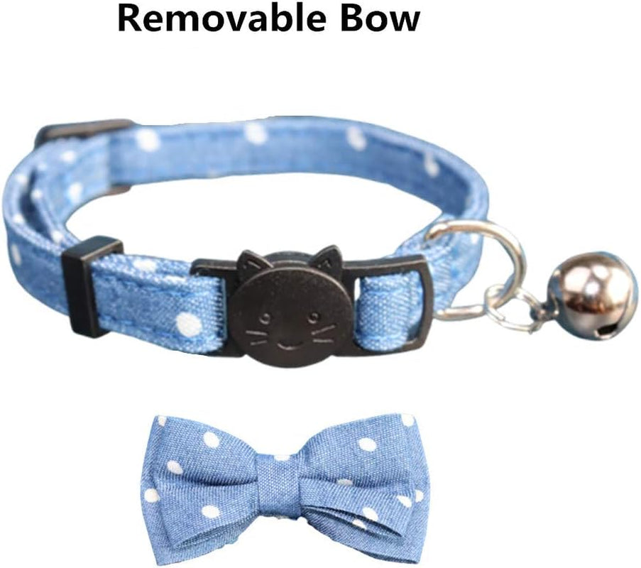 Cat Collar Breakaway with Bell and Bow Tie Safety Buckle with Name Tag Denim Dots Adjustable 7-11 Inches for Kitten Cats(Denim Dots)