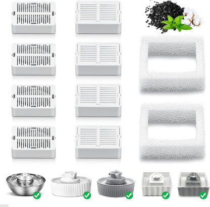 Pet Fountain Replacement Filters, 8 Pack Cat Water Fountain Carbon Filters and 2 Pack Foam Filters for Cupcake Ceramic Cat Fountain