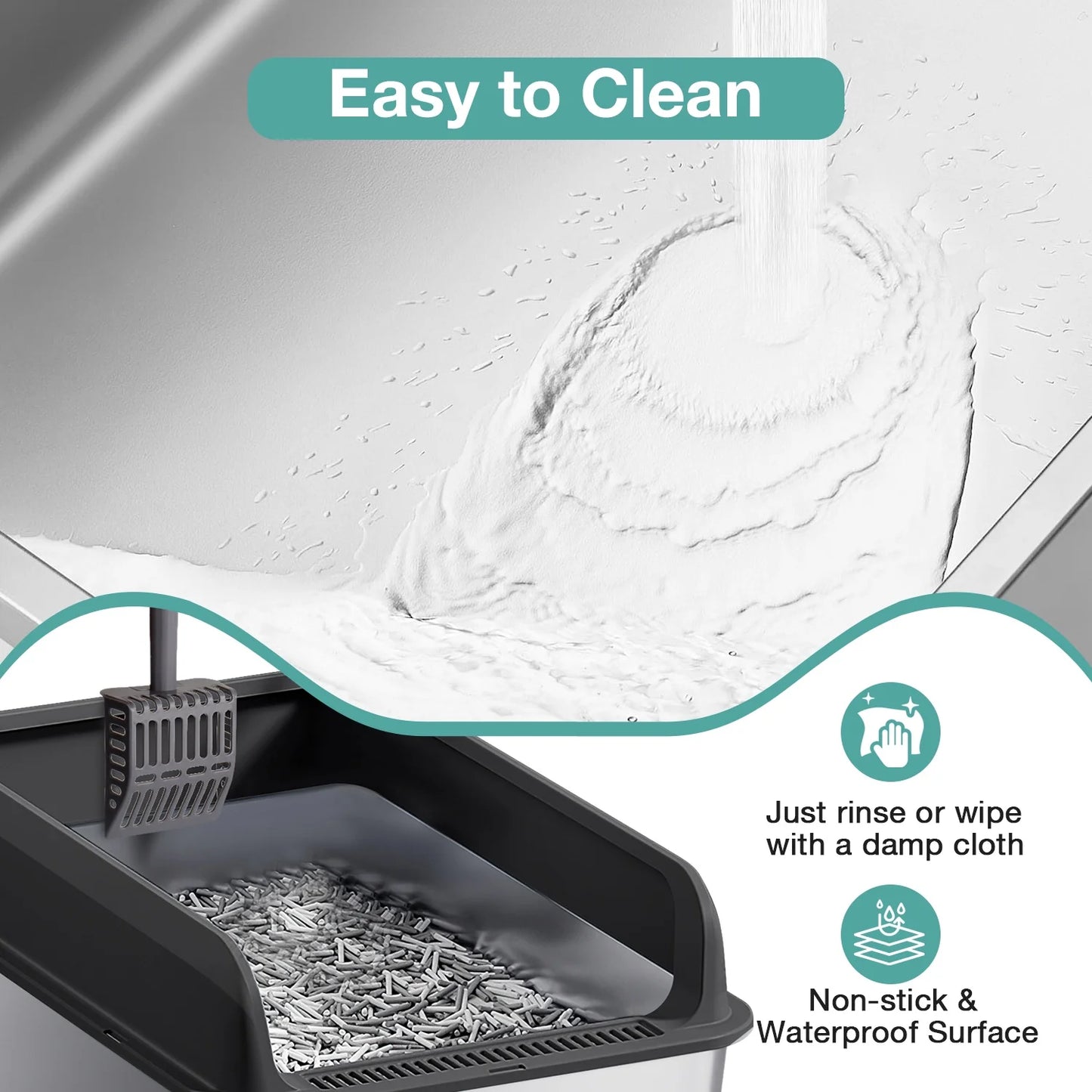XL Stainless Steel Cat Litter Box for Multiple Cats, MS-60 Metal Cat Litter Box with Scoop & Mat, Khaki