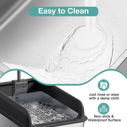 XL Stainless Steel Cat Litter Box for Multiple Cats, MS-60 Metal Cat Litter Box with Scoop & Mat, Khaki