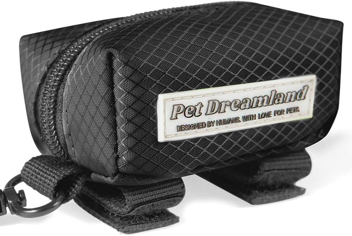 Dog Bag Dispenser - Pet Waste Bag Holder Leash Attachment - Includes One Free Roll of Poop Bags - Zippered Pouch, Hook&Loop Straps and Carabiner Clip for Easy Carry (Black)