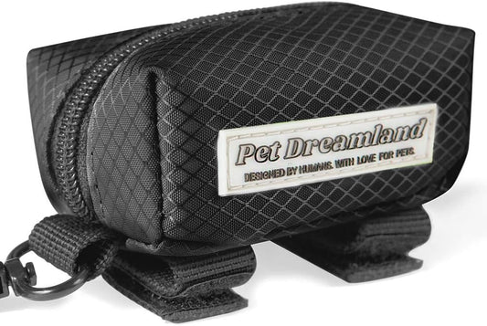Dog Bag Dispenser - Pet Waste Bag Holder Leash Attachment - Includes One Free Roll of Poop Bags - Zippered Pouch, Hook&Loop Straps and Carabiner Clip for Easy Carry (Black)