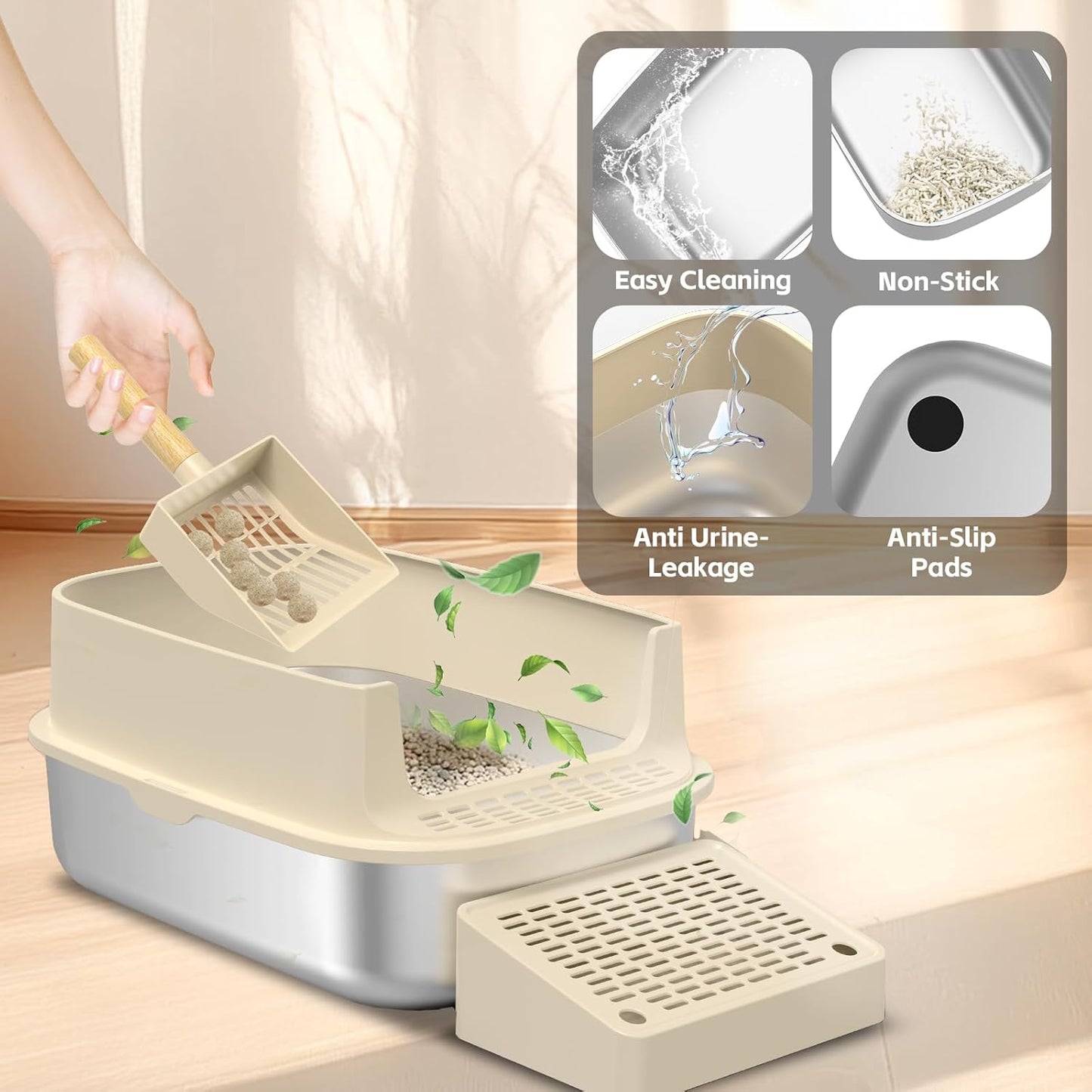 Stainless Steel Cat Litter Box with Lid, 3 in 1 Removable Litter Box for Big/Mul