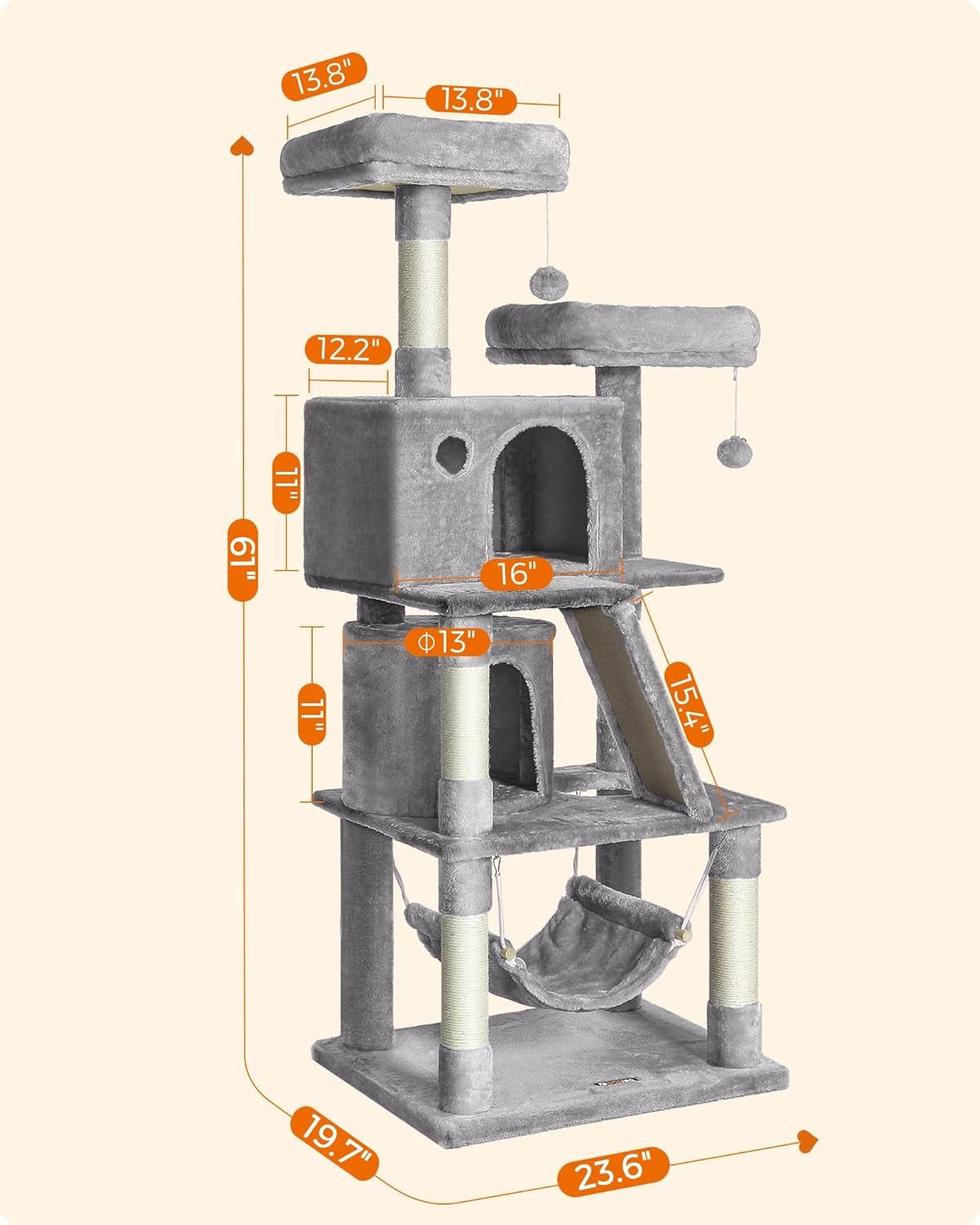Cat Tree, Cat Tower with 2 Cat Caves, Hammock, 61 Inches, Cat Activity Center with Scratching Posts and Board, Light Gray UPCT163W01