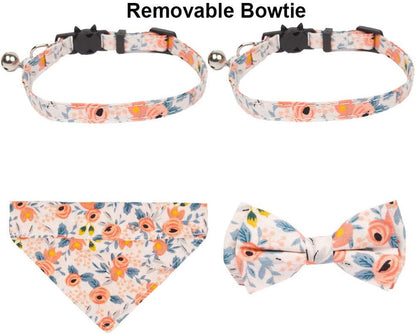 Floral Cat Collar with Bow Bandana, Removable Kitten Bowtie Scarf, Cute Flower Bow Bandana Collar for Cats Kittens
