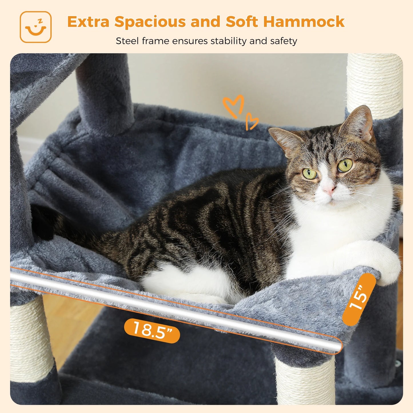 Cat Tree 64" Sisal Scratching Posts Tower with Large Perch Hammock for All Indoor Cats,Dark Gray