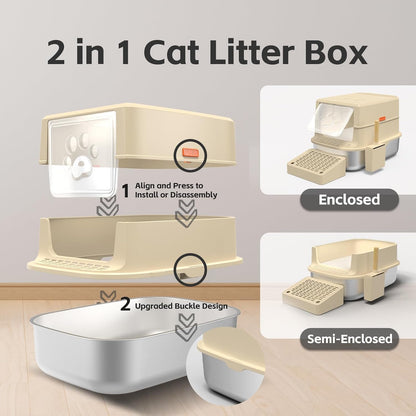 Stainless Steel Cat Litter Box with Lid, 3 in 1 Removable Litter Box for Big/Mul