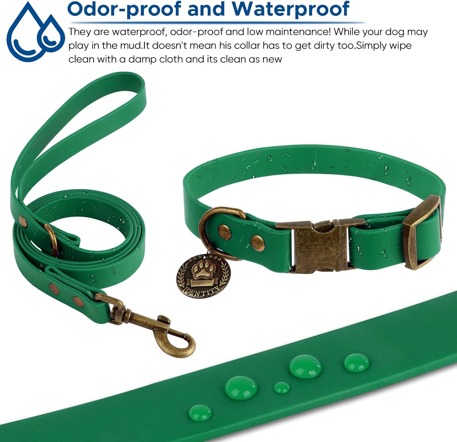 Dog Collar and Leash Set, Waterproof Adjustable Puppy Collars with Cute Tag 6FT Dog Leash with Poop Bag for Small Medium Large Dogs (XS, Deep Green)