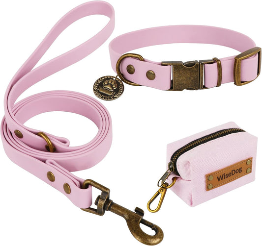 Dog Collar and Leash Set, Waterproof Adjustable Puppy Collars with Cute Tag 6FT Dog Leash with Poop Bag for Small Medium Large Dogs (M, Pale Pinkish Purple)