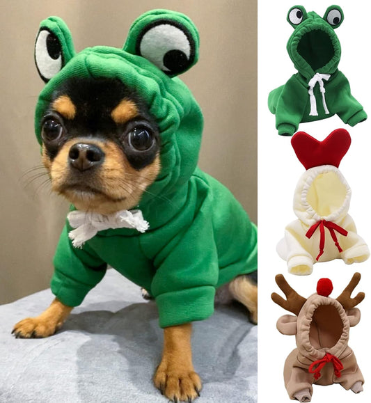 Dog Frog Hoodie Sweatshirts Puppy Sweaters for Small Dogs Boy Girl for 1Lb To17.6Lb Dogs - Winter Fall Dog Clothes for Chihuahua Doggie Pet Cat Warm Fleece Coat Outfit (Frog + Elk + Heart, X-Small)