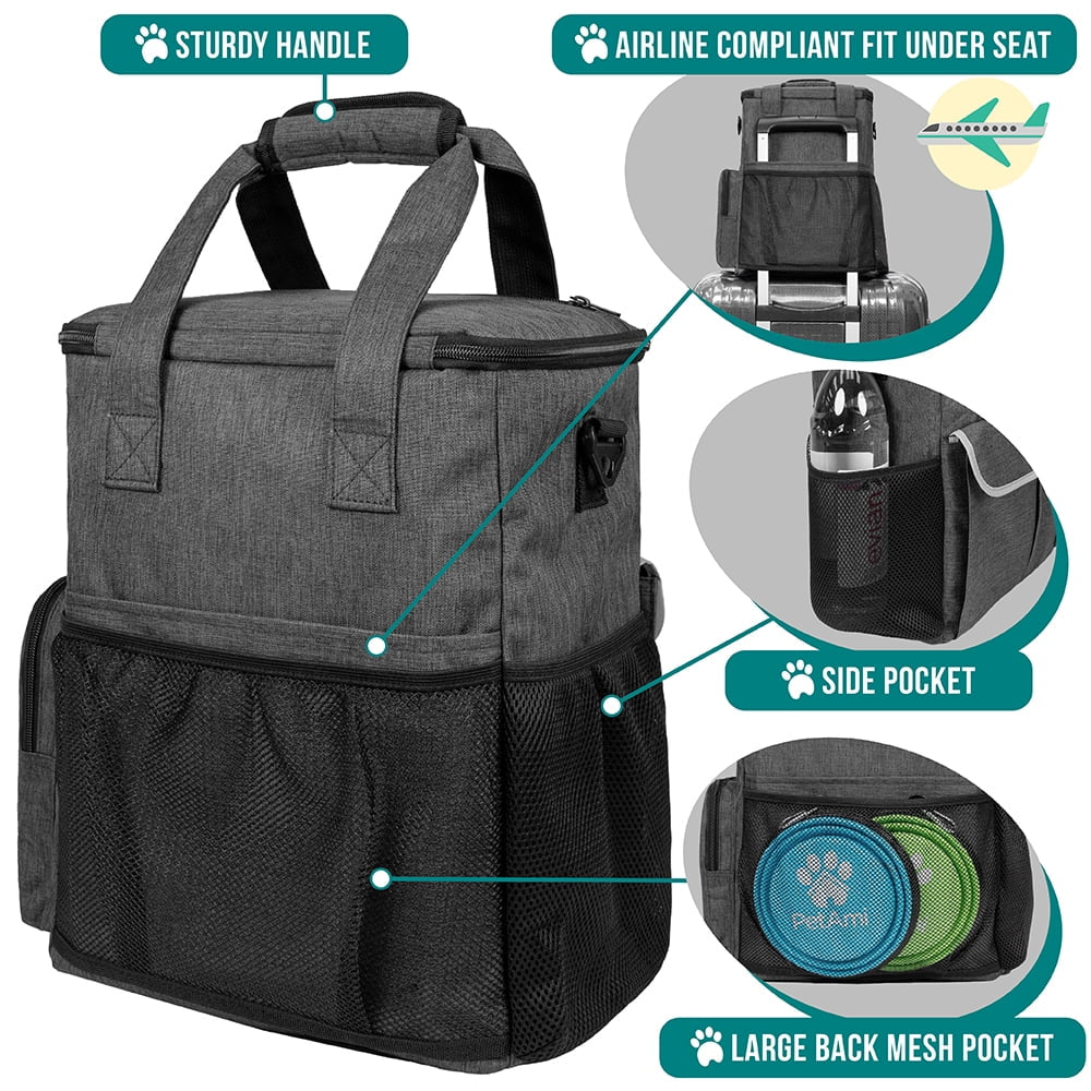 Dog Travel Bag Pet Supplies Accessories Organizer for Traveling, Camping, Weekend; Cat Pet Travel Bag Kit Includes 2 Food Storage Containers, 2 Collapsible Bowls, 1 Feeding Mat (Dark Gray)