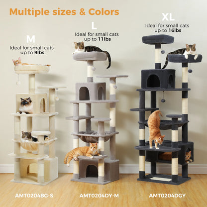 Cat Tree 64" Sisal Scratching Posts Tower with Large Perch Hammock for All Indoor Cats,Dark Gray