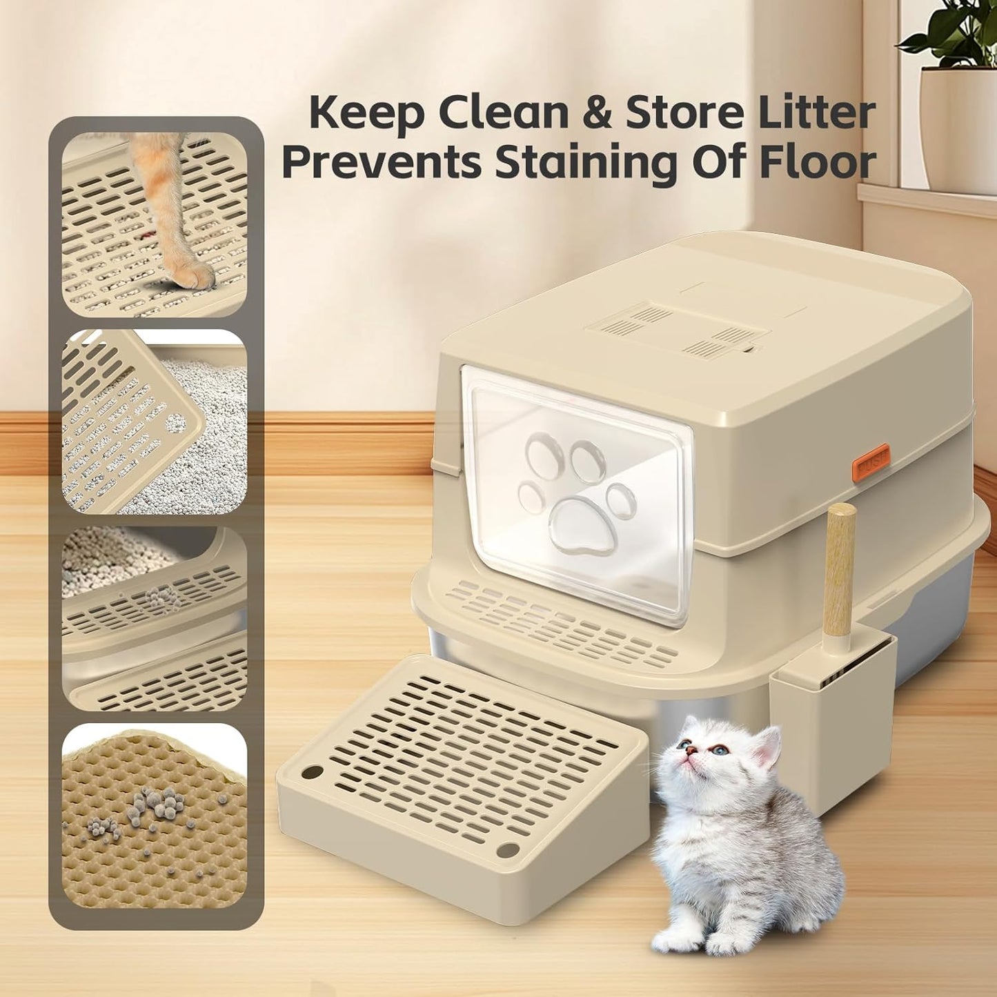 Stainless Steel Cat Litter Box with Lid, 3 in 1 Removable Litter Box for Big/Mul