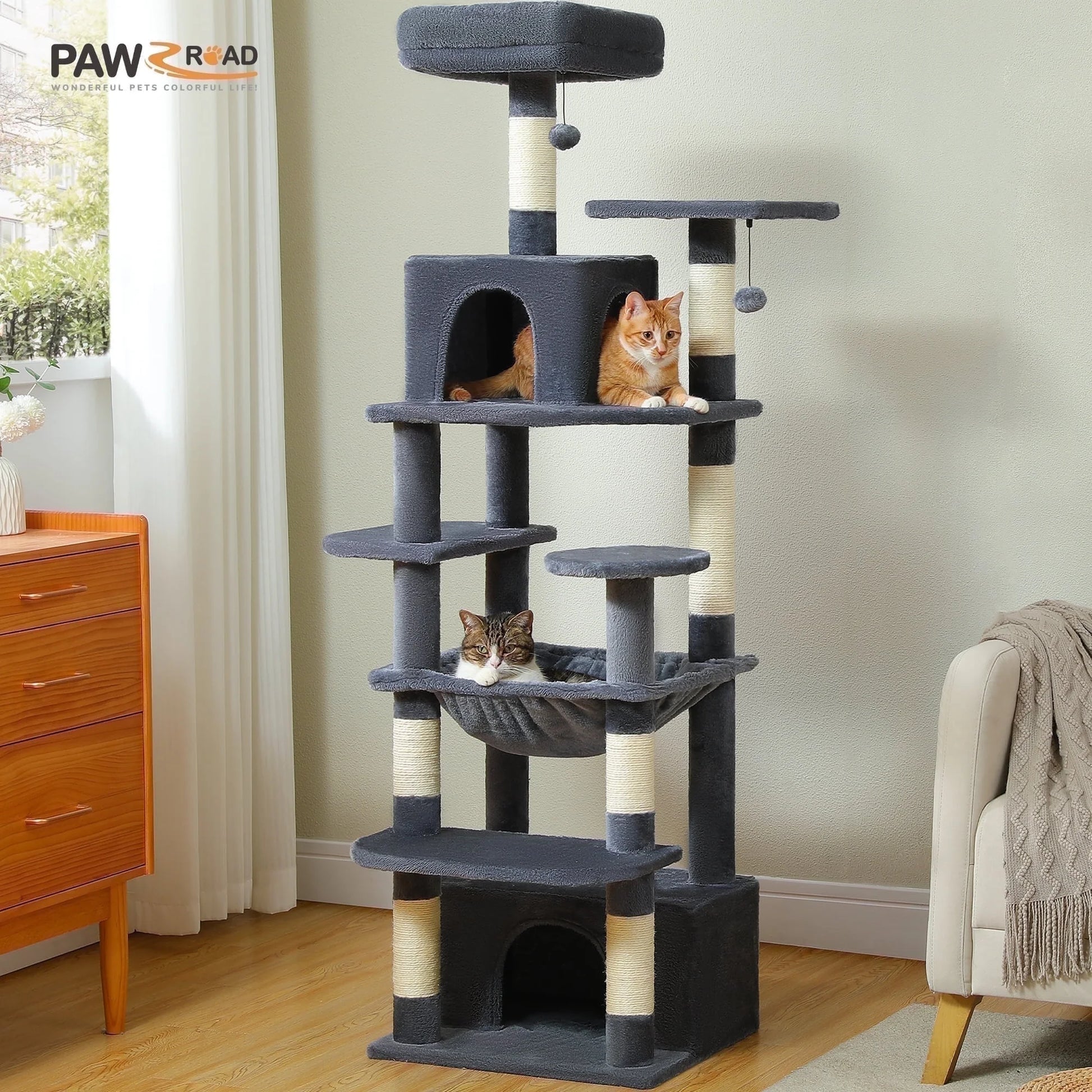 Cat Tree 64" Sisal Scratching Posts Tower with Large Perch Hammock for All Indoor Cats,Dark Gray