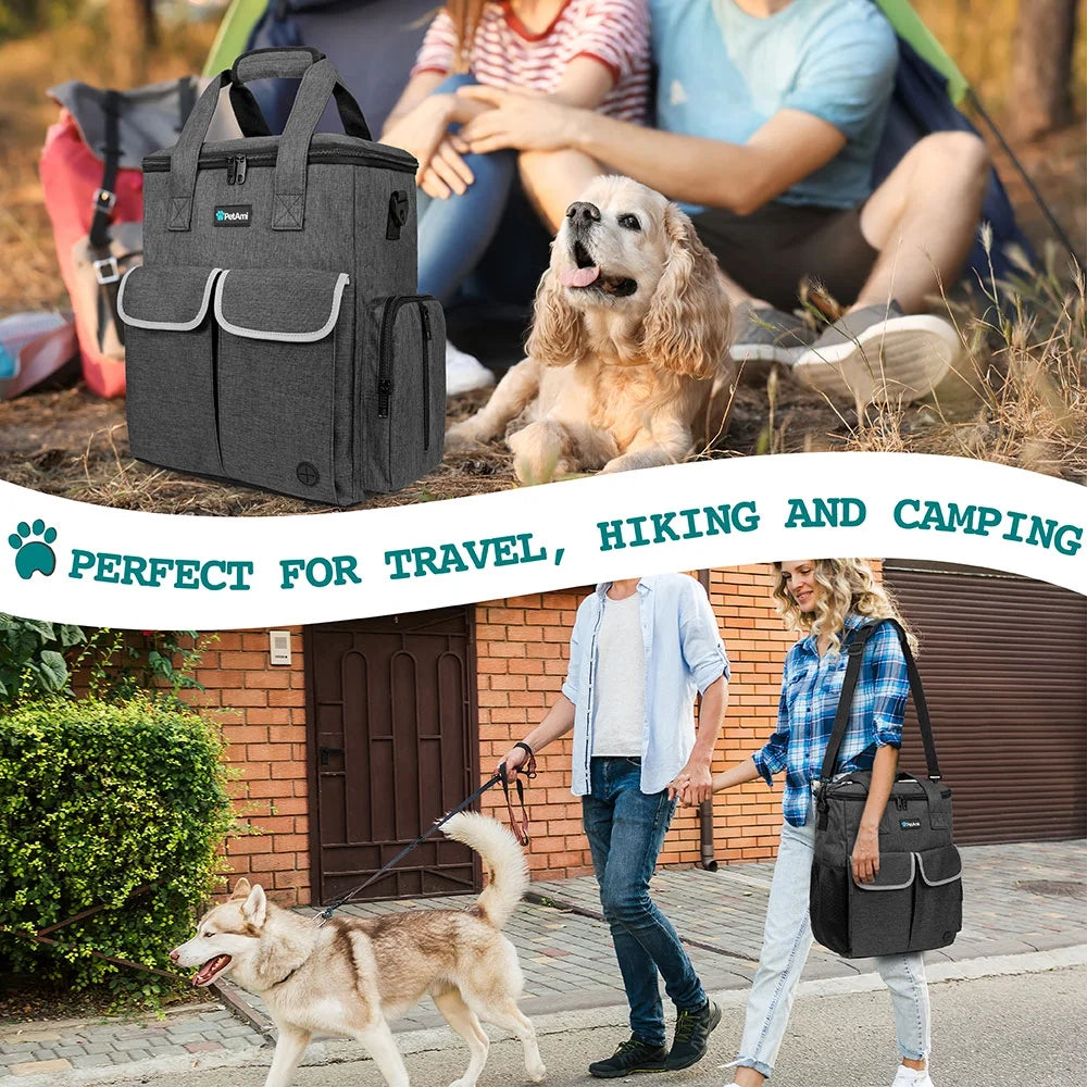 Dog Travel Bag Pet Supplies Accessories Organizer for Traveling, Camping, Weekend; Cat Pet Travel Bag Kit Includes 2 Food Storage Containers, 2 Collapsible Bowls, 1 Feeding Mat (Dark Gray)