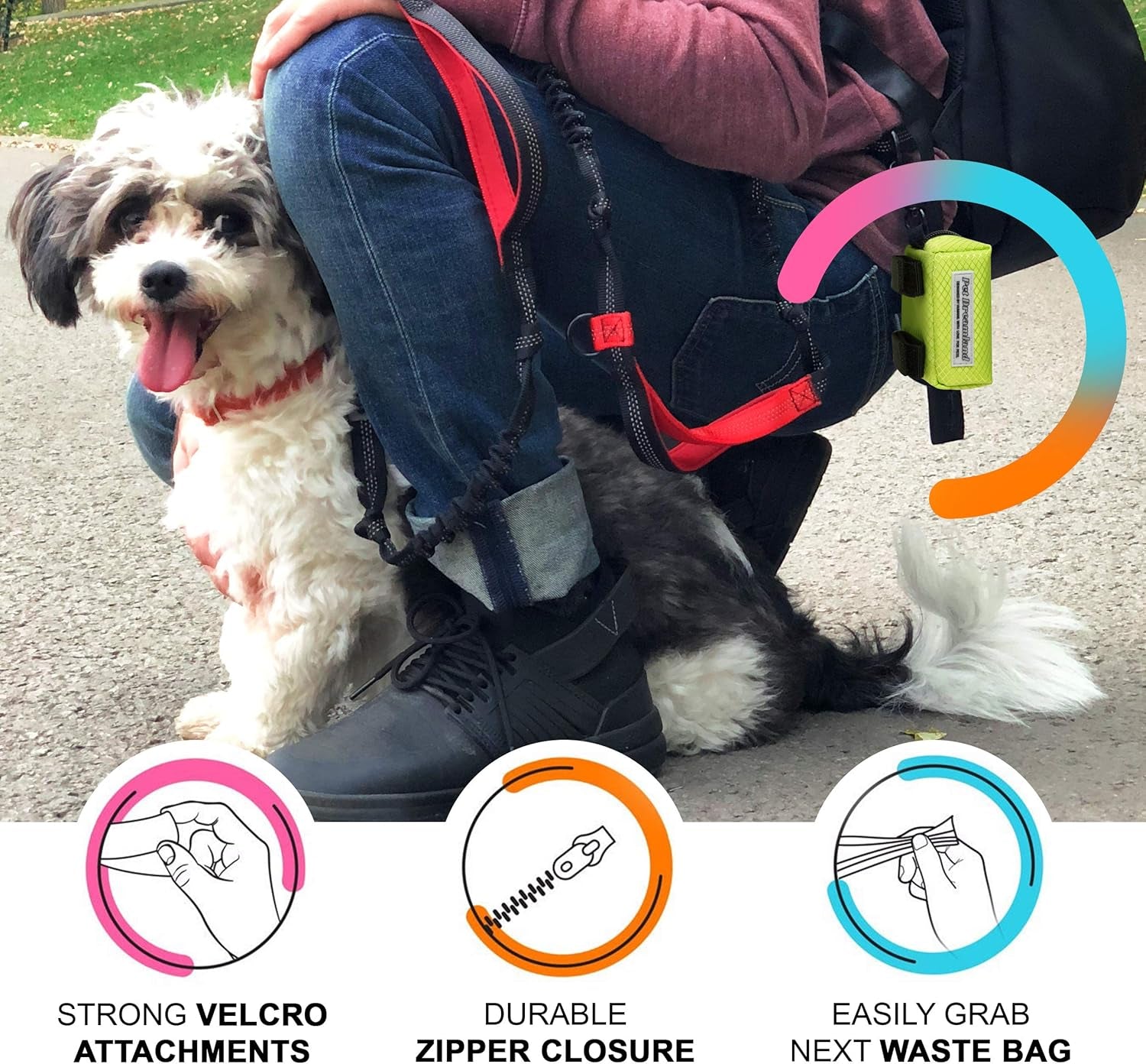 Dog Bag Dispenser - Pet Waste Bag Holder Leash Attachment - Includes One Free Roll of Poop Bags - Zippered Pouch, Hook&Loop Straps and Carabiner Clip for Easy Carry (Black)