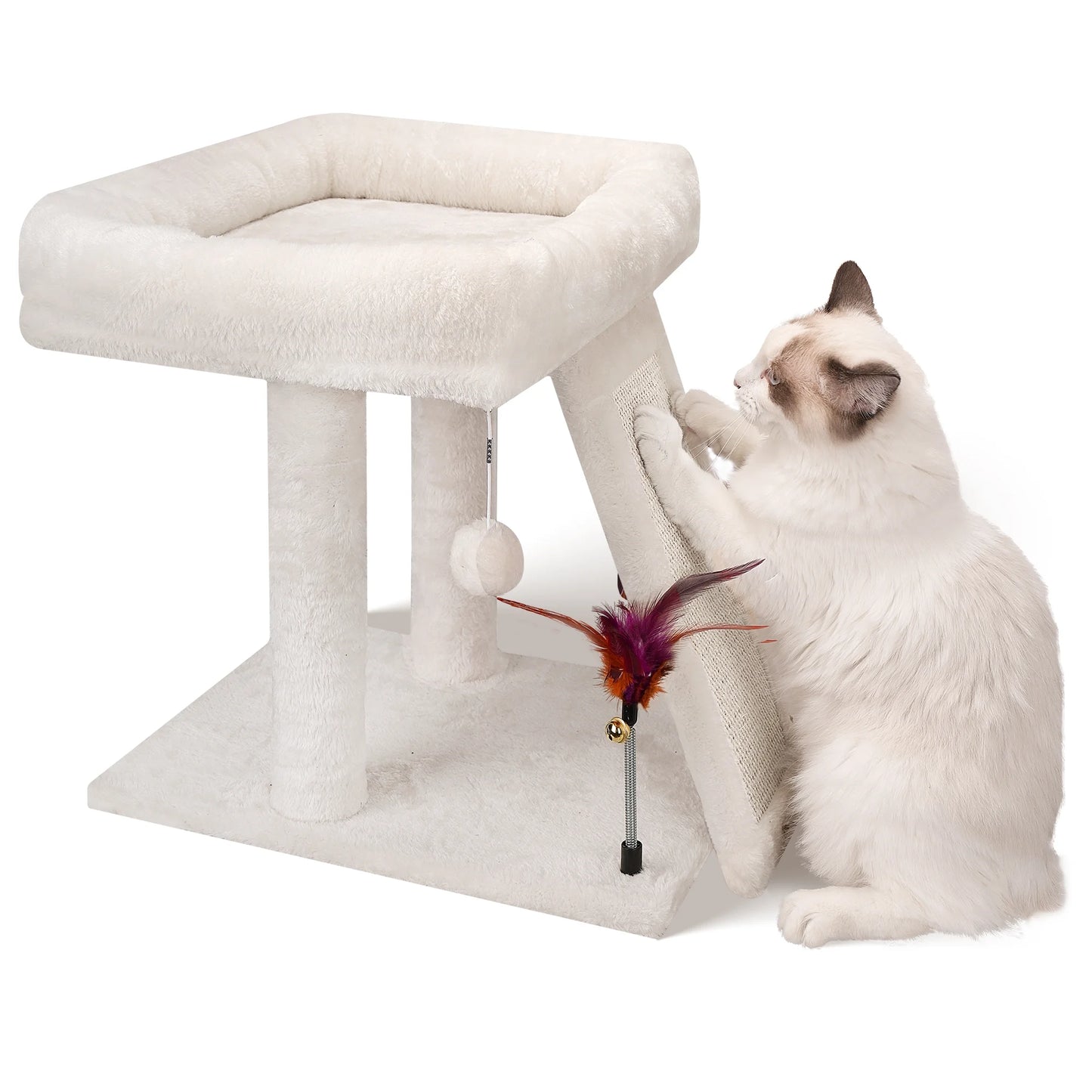 1-Level 17.7 in Cat Tree with Condo, Scratch Pad, Hammock & Hanging Ball, Beige