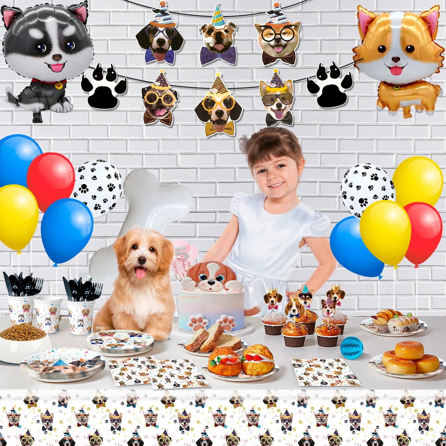 Puppy Dog Birthday Party Supplies,148Pcs Dog Party Decorations & Dog Birthday Party Tableware Set- Dog Birthday Banner,Puppy Balloons&Puppy Party Plates Cups Table Cloth